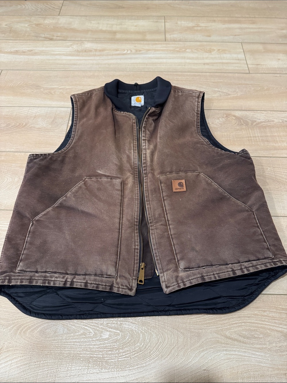Carhartt Brown Canvas Work Vest with Black Quilted Interior
